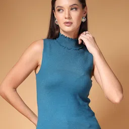 Mafadeny Women Ribbed High Neck Sleeveless Fitted Regular Top image 2