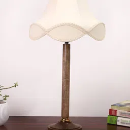 Devansh Off White & Brown Textured Wooden Frustum Shaped Table Lamp image 5