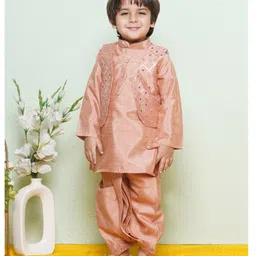 AJ Dezines Pure Cotton Full Sleeves Solid Kurta & Dhoti With Mirror Work Embellished Jacket - Peach image 5