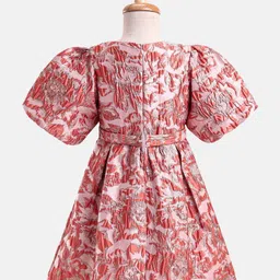 Primo Gino Woven Half Sleeves Jacquard Party Dress With Floral Applique - Coral image 4