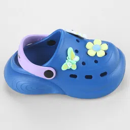 Cute Walk By Babyhug Backstrap Closure Clogs With Floral Butterfly & Kitty Applique - Blue & Purple image 4