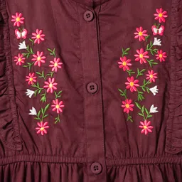 Pine Kids Cotton Woven Half Puffed Sleeves Frock With Floral Embroidery - Wine image 4