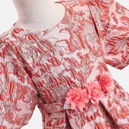 Primo Gino Woven Half Sleeves Jacquard Party Dress With Floral Applique - Coral image 5