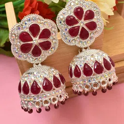 MEIRA JEWELLERY Silver-Plated Artificial Stones Studded & Beaded Dome Shaped Jhumkas-picture-16