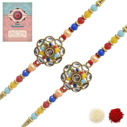MEIRA JEWELLERY Set Of 2 Designer Kundan-Studded Rakhis With Greeting Card & Roli Chawal-picture-20