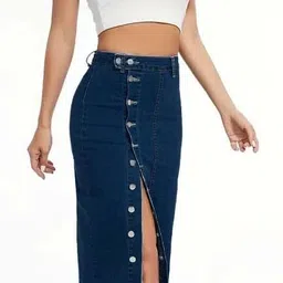 tripursundari fashion Navy Blue Side Button Plain Straight Maxi Denim Skirt image 4