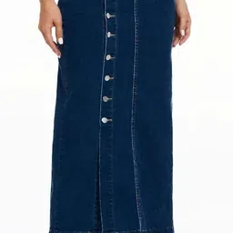 tripursundari fashion Navy Blue Side Button Plain Straight Maxi Denim Skirt image 5