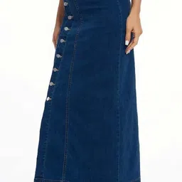 tripursundari fashion Navy Blue Side Button Plain Straight Maxi Denim Skirt image 2