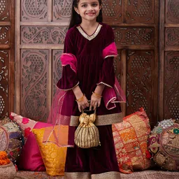 Pspeaches Velvet Full Bell Sleeves Lace Embellished Kurta & Palazzo With Coordinating Dupatta - Wine Purple-image-27