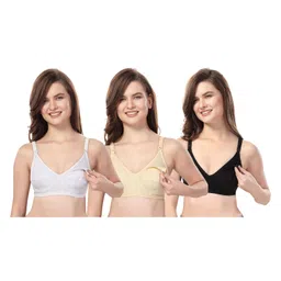 Fabme Pure Cotton Pack Of 3 Sleeveless Solid Full Coverage Non Padded Bras - Skin White & Black-picture-23