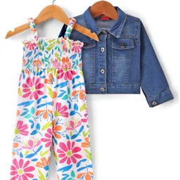 Babyhug Single Jersey Floral Printed Jumpsuit with Full Sleeves Denim Jacket - White & Navy Blue-picture-20