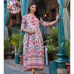 Aujjessa Cotton Three Quarter Sleeves Floral Printed Maternity Feeding Dress with Concealed Zipper Nursing AccessCream Multi-picture-24