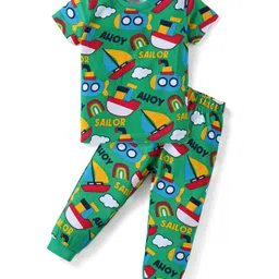 Babyhug Cotton Knit Half Sleeves Night Suit with Nautical Theme Print - Green-picture-11