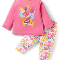 Zero Sinker Knit Full Sleeves Top & Lounge Pant Set With Fruit & Floral Print - Pink-picture-11
