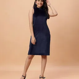 TeenTrums Velvet Woven Sleeveless Solid Dress - Navy Blue-picture-17