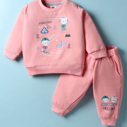 Zero Fleece Knit Full Sleeves Winter Sweatshirt & Lounge Pant Set with Animal Print - Peach-picture-8