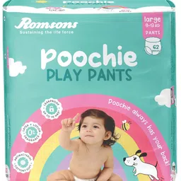 Romsons Poochie Play Pants Baby Diaper | L Size | Super Absorbent Core | Leakproof Protection for up to 10 Hours | Wetness Indicator | 360° Comfort Fit | Suitable for 9-13 KG | Pack of 1 (62 count)-image-25