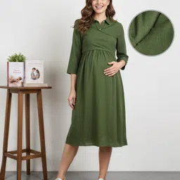 Bella Mama Woven Three Fourth Sleeves Solid Maternity Overlapping Front Shirt Dress - Olive Green-picture-18