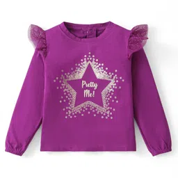 Babyhug Cotton Knit Full Sleeves Top & Mesh Overlay Skirt Set With Foil Text Print - Purple image 2