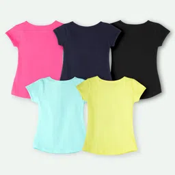 Ariel Cotton Knit Pack Of 5 Half Sleeves Unicorn & Typography Printed Tops - Black Yellow Pink Navy & Sky Blue image 3