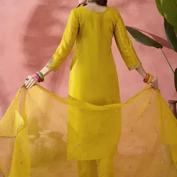 Sangria Yellow Floral Embroidered V-Neck Sequinned Straight Kurta With Trouser And Dupatta image 5