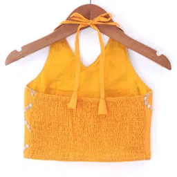 Babyhug Halterneck Sleeveless Zari Embroidered Choli with Foil Printed Lehenga and Dupatta Set - Mustard image 5