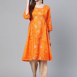 Rangriti Women Orange & Silver Bandhani Print A-Line Kurta-picture-42