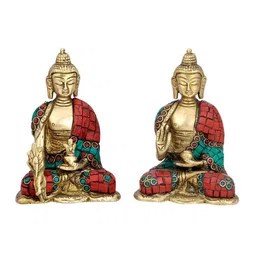 CraftVatika Set Of 2 Gold-Toned & Red Blessing & Medicine Buddha Home Decor Showpieces image 1