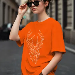 Dagcros Girls Orange Oversized Round Neck Short Sleeves Loose Fit Graphic T-Shirt-image-0