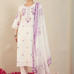 Indo Era Women Floral Embroidered Regular Thread Work Pure Cotton Kurta with Trousers & With Dupatta-image-27