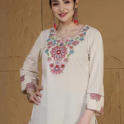 Uparna Women Beige Cotton Embroidered Knee Length Straight Kurta-picture-11