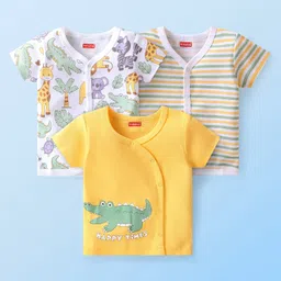 Babyhug 100% Cotton Knit Half Sleeves Front Open Vest Stripes & Jungle Safari Theme Pack of 3 - Yellow White & Green-image-84