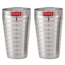 HAZEL Stainless Steel Stripped Design Traditional Shape Jumbo Water Lassi Glass Set of 2, 750 ml Each-picture-31