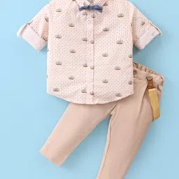 ToffyHouse 100% Cotton Woven Full Sleeves Cable Cart Printed Shirt & Trouser Set with Bow & Suspender - Tan-picture-25