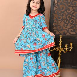 Superminis Cotton Half Sleeves Lace Embellished Floral Printed Kurta With Coordinating Sharara Set - Blue-picture-13