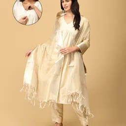 The Mom Store Silk Three Fourth Sleeves Solid Maternity Kurta With Nursing Access & Salwar With Foil Printed Dupatta Set - Multi Colour-picture-36