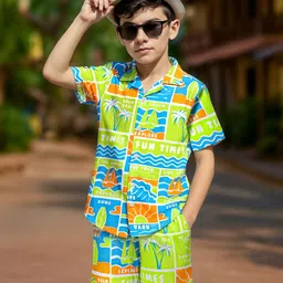 Ollington St. Cotton Beach Theme Printed Co-Ord Set of Half Sleeves Shirt & Knit Shorts - Light Green-image-41
