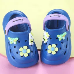 Cute Walk By Babyhug Backstrap Closure Clogs With Floral Butterfly & Kitty Applique - Blue & Purple-image-48