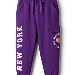 Babyhug French Terry Knit Full Length Lounge Pant With Text Print - Purple-picture-18