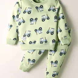 CUCUMBER Looper Knit Full Sleeves Co-ords Night Suit with Tractor Print - Light Green-picture-21