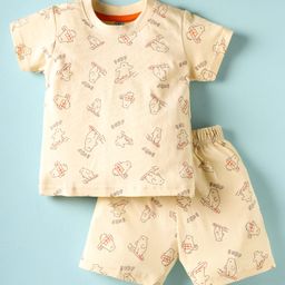 Zero Sinker Knit Half Sleeves Shorts Co-ord Night Suit with Surf Board Print - Beige-picture-45