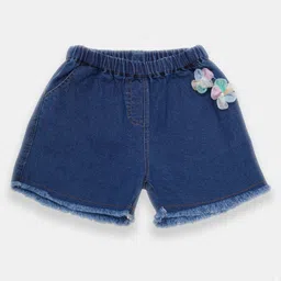 Creative Kids Denim Cotton Floral Applique Detailed & Pearl Embellished Frayed Shorts - Navy Blue-picture-23