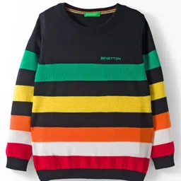 UCB 100% Cotton Fleece Knit Full Sleeves Pullover Sweater with Structure Stripes - Black-picture-14