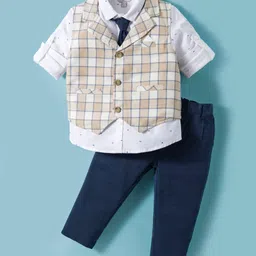 ToffyHouse Cotton Knit Full Sleeves Checks 3 Piece Party Suit With Tie - Navy Blue & White-picture-24
