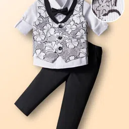 Mark & Mia Woven Full Sleeves 3 Piece Party Suit with Bow Detailing with Floral Print - White & Black-picture-24