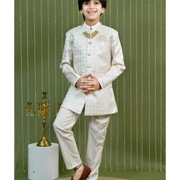 Ahhaaaa Jacquard Woven Full Sleeves Geometric Zari Embroidered Sherwani Pant Set - Cream-picture-27