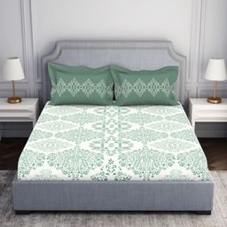 SPACES White & Green Ethnic Motifs 144 TC King Bedsheet with 2 Pillow Covers-picture-7