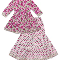 aatya kiids AATYA by Shruti Agarwal Cotton Three Fourth Sleeves Floral Printed Gathered Top & Sharara - White & Pink image 3
