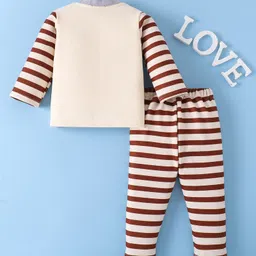 Mark & Mia Full Sleeves Winter Wear Night Suit With Text Print & Stripes - Beige image 2