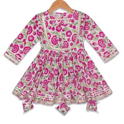 aatya kiids AATYA by Shruti Agarwal Cotton Three Fourth Sleeves Floral Printed Gathered Top & Sharara - White & Pink image 4
